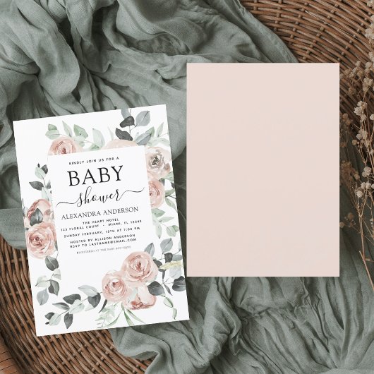 Dusty Pink Baby Dusche Blumengrün Einladung