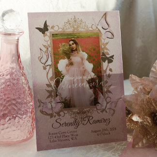 Dusty Pink, Beige Schmetterlinge Quinceanera Einla Folieneinladung