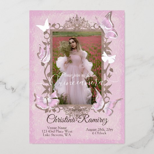 Dusty Pink, Beige Schmetterlinge Quinceanera Einla Folieneinladung (Vorderseite)