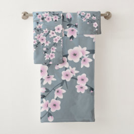 Dusty Pink Blue Cherry Blossom Floral Badhandtuch Set