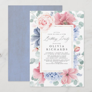 Dusty Pink Blue Floral Botanisches Elegantes Gebur Einladung