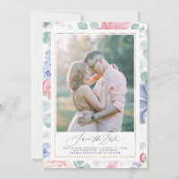 Dusty Pink Blue Floral Save the Date Foto Card