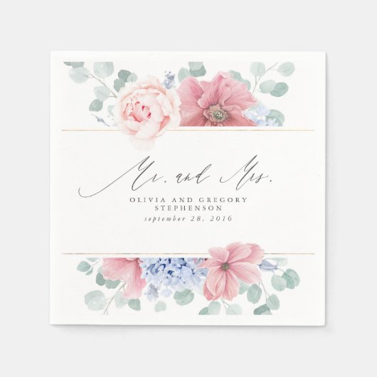 Dusty Pink Blue Flowers Elegant Botanical Mr. & Mr Serviette (Vorderseite)