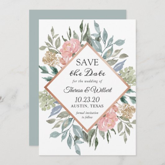 Dusty Pink Blue Foliage Bläschen Save the Date (Vorne/Hinten)