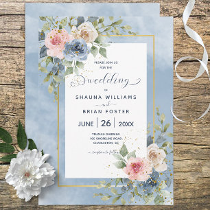 Dusty Pink Blue & White Roses Einladung Hochzeitsf