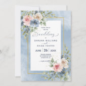 Dusty Pink Blue & White Roses Einladung Hochzeitsf (Vorderseite)