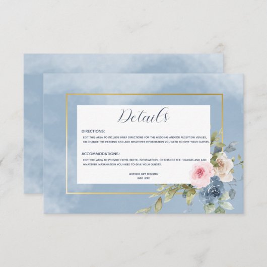 Dusty Pink Blue & White Roses Wedding Details Begleitkarte (Vorne/Hinten)