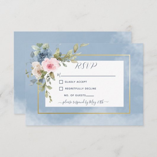 Dusty Pink Blue & White Roses Wedding RSVP Karte (Vorne/Hinten)