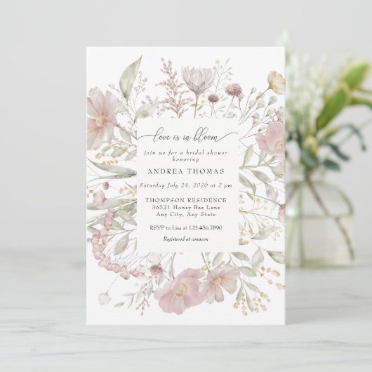 Dusty Pink Blume | Brautparty Aquarell Einladung (Stehend Vorderseite)