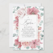 Dusty Pink Blume Elegante Girls Taufe Einladung (Vorderseite)