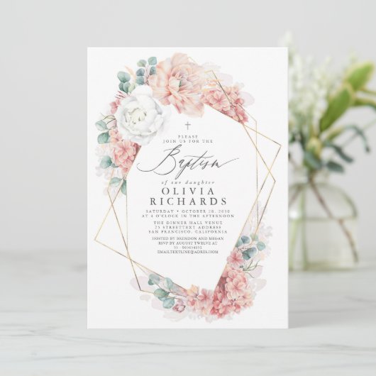 Dusty Pink Blume Elegante Girls Taufe Einladung (Stehend Vorderseite)