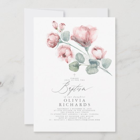 Dusty Pink Blume Taufe Einladung (Vorderseite)