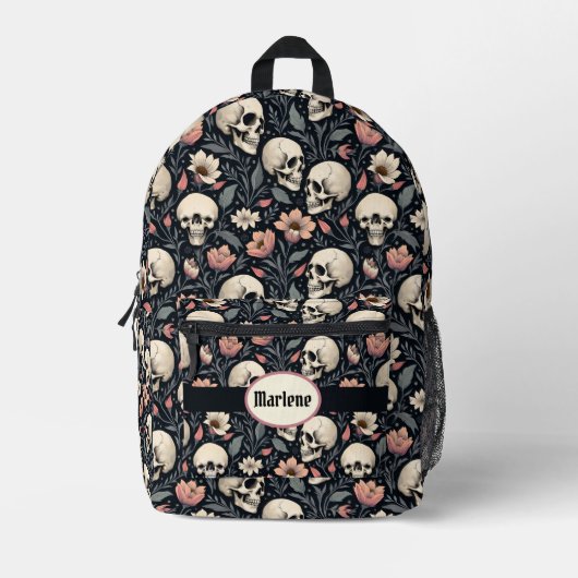 Dusty Pink Blume und Skulls Bedruckter Rucksack (Vorderseite)