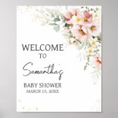 Dusty Pink Blumengrün Baby Dusche Empfang Poster (Vorne)
