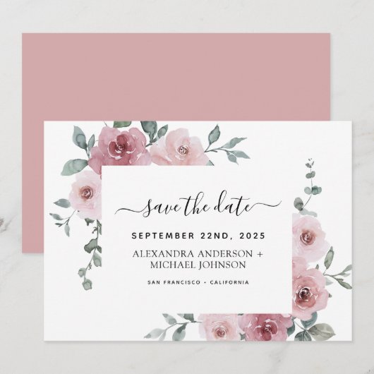 Dusty Pink Blumengrün Save the Date Invitati Einladung (Vorne/Hinten)