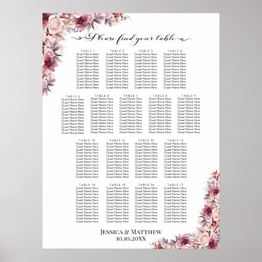 Dusty Pink Boho Floral 17 Tische Hochzeitssitze Poster (Vorne)