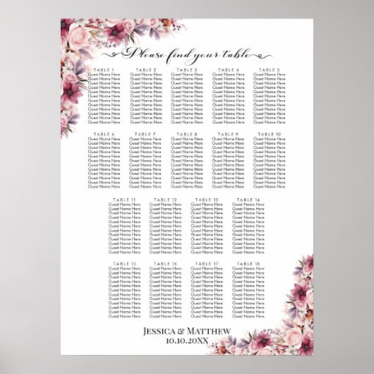 Dusty Pink Boho Floral 18 Tische Hochzeitssitze Poster (Vorne)