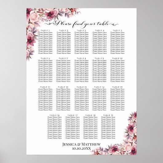 Dusty Pink Boho Floral 19 Tische Hochzeitssitze Poster (Vorne)