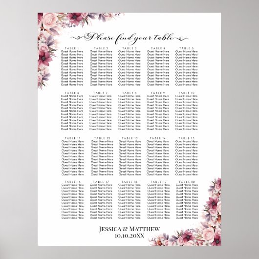 Dusty Pink Boho Floral 20 Tische Hochzeitssitze Poster (Vorne)