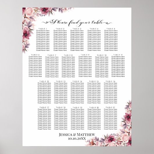 Dusty Pink Boho Floral 21 Tische Hochzeitssitze Poster (Vorne)