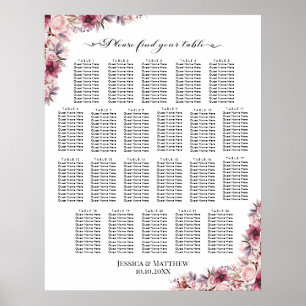Dusty Pink Boho Floral 22 Tische Hochzeitssitze Poster