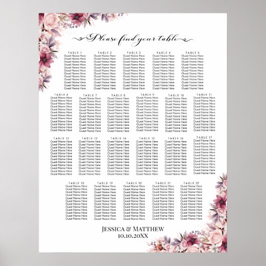 Dusty Pink Boho Floral 22 Tische Hochzeitssitze Poster (Vorne)