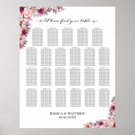 Dusty Pink Boho Floral 23 Tische Hochzeitssitze Poster (Vorne)