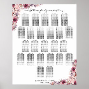 Dusty Pink Boho Floral 24 Tische Hochzeitssitze Poster