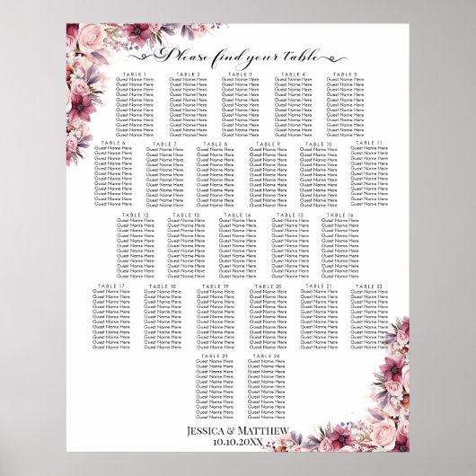 Dusty Pink Boho Floral 24 Tische Hochzeitssitze Poster (Vorne)