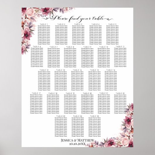 Dusty Pink Boho Floral 25 Tische Hochzeitssitze Poster (Vorne)