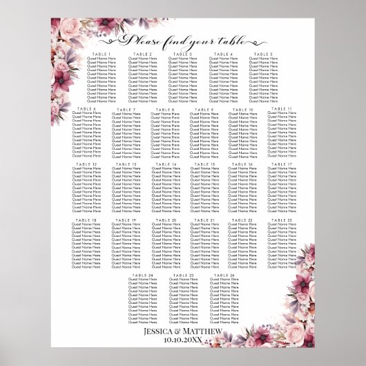 Dusty Pink Boho Floral 26 Tische Hochzeitssitze Poster (Vorne)