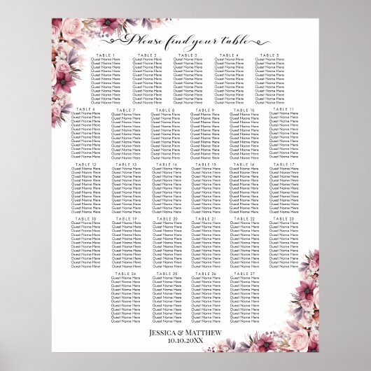 Dusty Pink Boho Floral 27 Tische Hochzeitssitze Poster (Vorne)