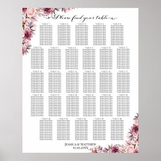 Dusty Pink Boho Floral 28 Tische Hochzeitssitze Poster (Vorne)