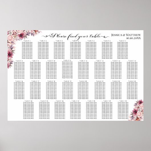 Dusty Pink Boho Floral 30 Tische Hochzeitssitze Poster (Vorne)