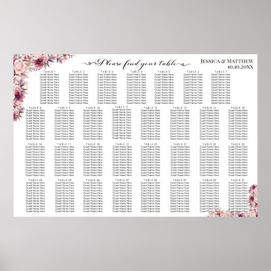 Dusty Pink Boho Floral 31 Tische Hochzeitssitze Poster (Vorne)