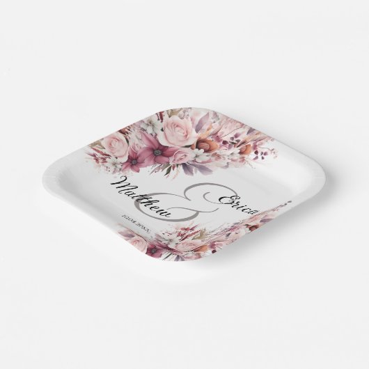 Dusty Pink Boho Floral Modern Script Wedding Pappteller (Gewinkelt)