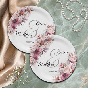 Dusty Pink Boho Floral Modern Script Wedding Pappteller
