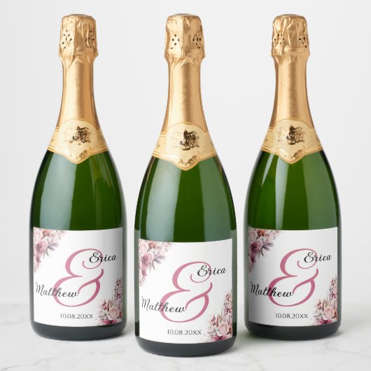 Dusty Pink Boho Floral Modern Script Wedding Schaumweinetikett (Flaschen)