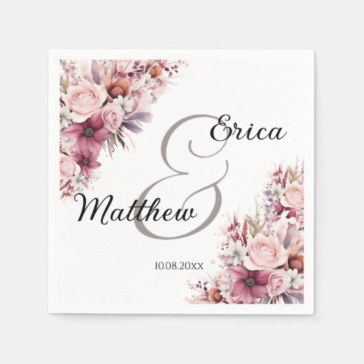 Dusty Pink Boho Floral Modern Script Wedding Serviette (Vorderseite)