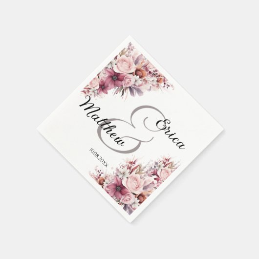 Dusty Pink Boho Floral Modern Script Wedding Serviette (Ecke)