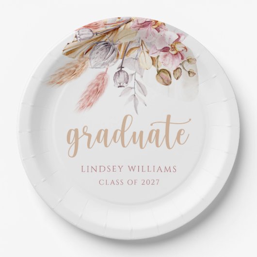 Dusty Pink Boho Floral Pampas Grass Abschluss Pappteller (Vorderseite)