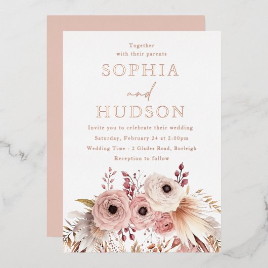 Dusty Pink Boho Floral Pampas Wedding Rose Gold Folieneinladung (Vorderseite/Rückseite)