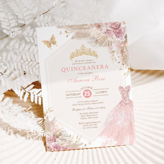 Dusty Pink Boho Floral Quinceañera 15. Geburtstag Einladung
