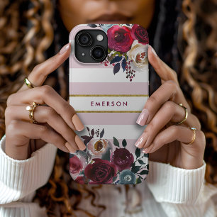 Dusty Pink Boho Floral Stripe Monogramm Case-Mate iPhone Hülle
