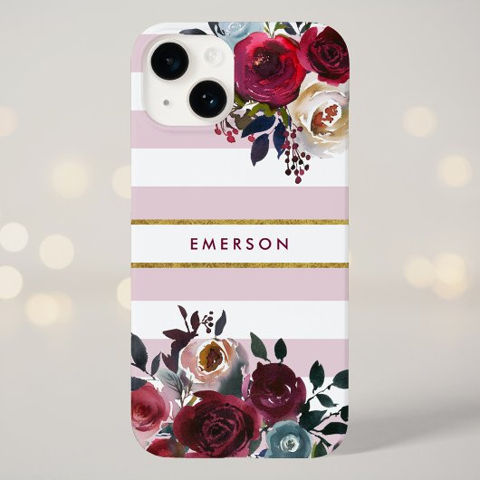 Dusty Pink Boho Floral Stripe Monogramm Case-Mate iPhone Hülle