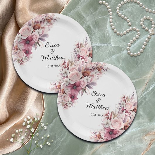 Dusty Pink Boho Floral Wedding Pappteller