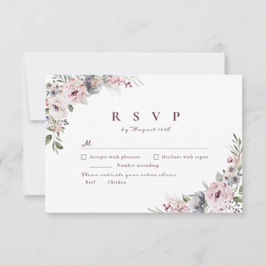 Dusty pink boho florale rustikale Hochzeit RSVP Karte (Vorderseite)