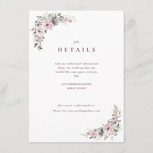 Dusty pink boho florale rustikale Hochzeitsdetails Begleitkarte (Vorderseite)