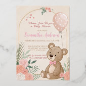 Dusty Pink Boho Teddy Bear Balloon Baby Folieneinladung (Vorderseite)