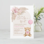 Dusty Pink Boho Teddy Bear Balloon Babydusche Einladung (Stehend Vorderseite)